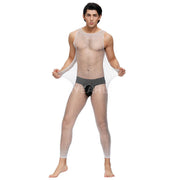 Men's white crotchless fishnet bodystocking with black briefs.