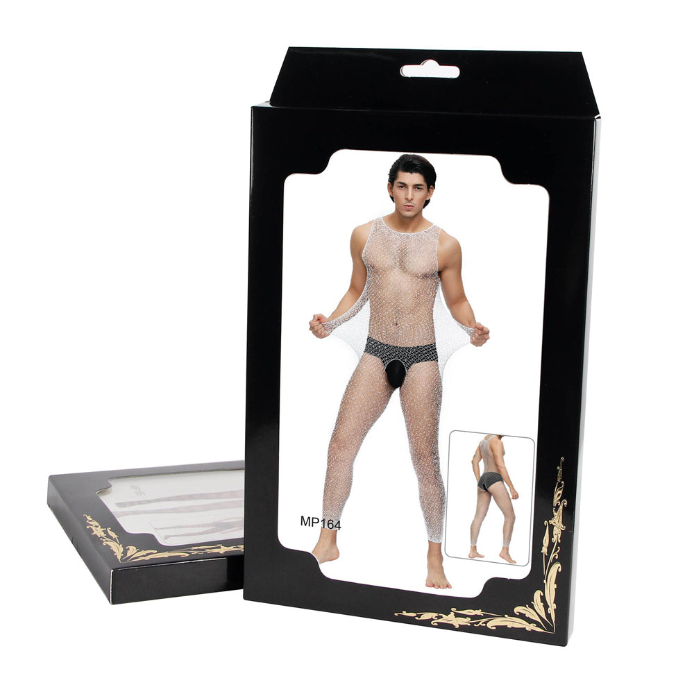 Men's white crotchless fishnet bodystocking on a black box.