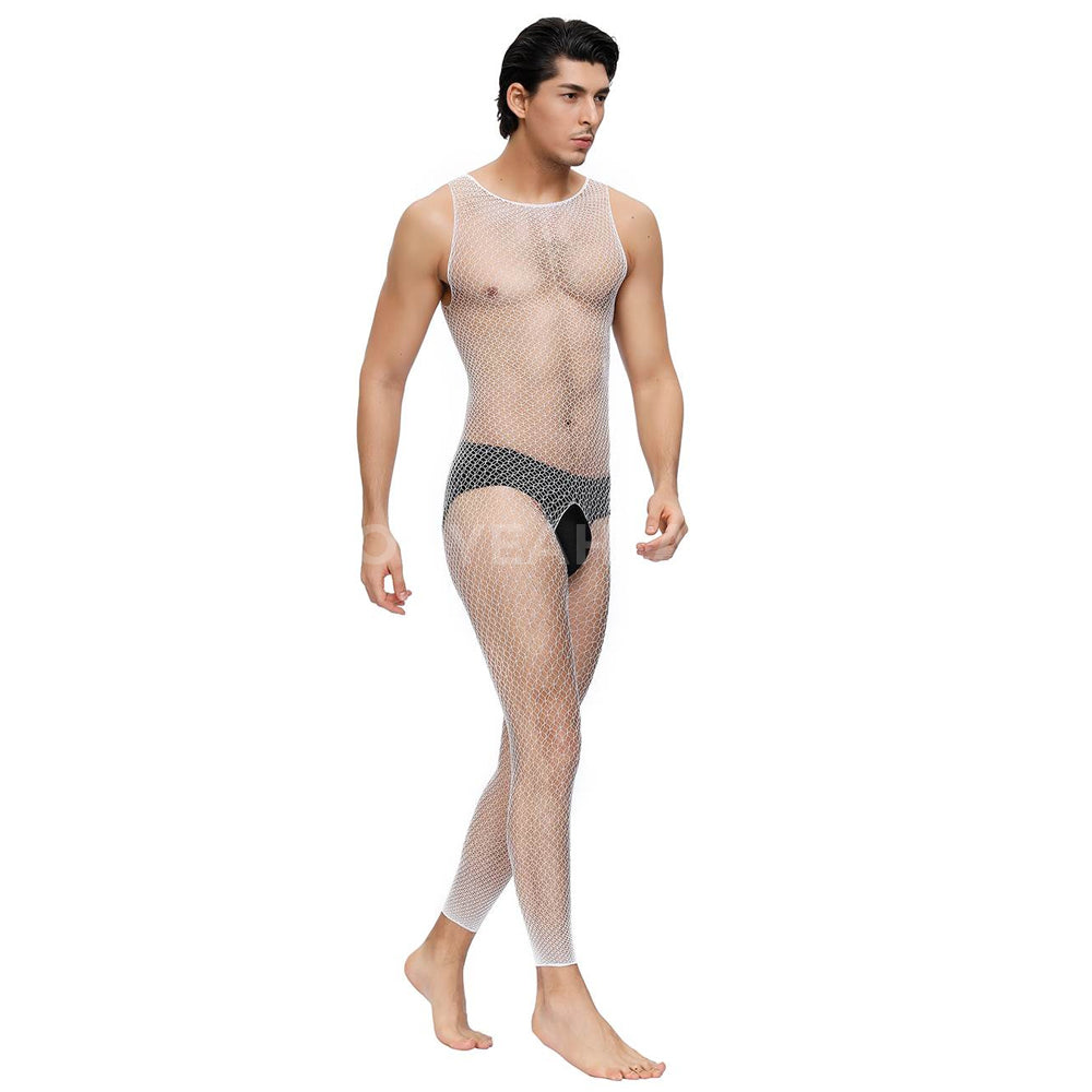 Men's white crotchless fishnet bodystocking.