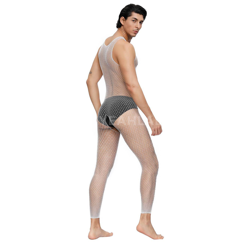 Men's white crotchless fishnet bodystocking.