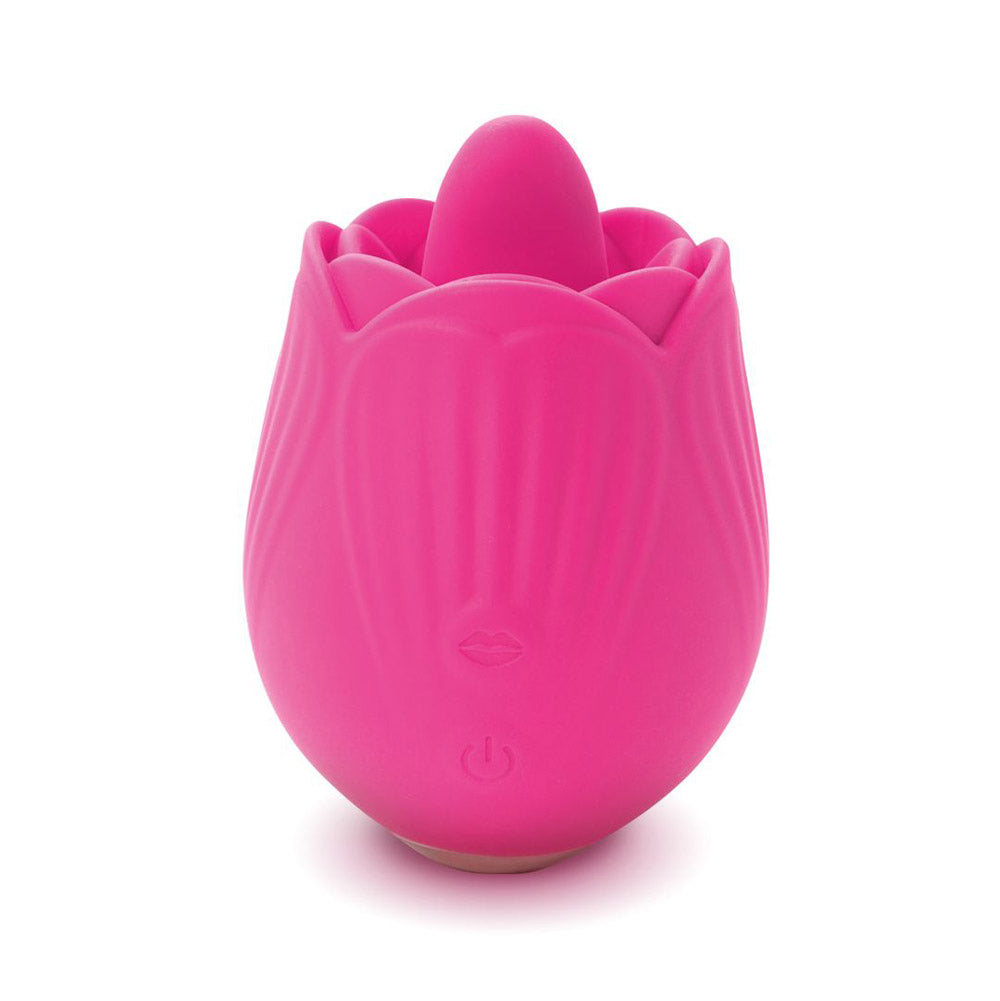 A pink rose-shaped mini vibrator with a power button and kiss icon.