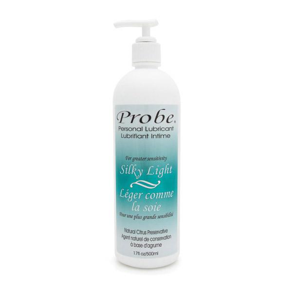 Probe Silky Light personal lubricant in a white pump bottle.