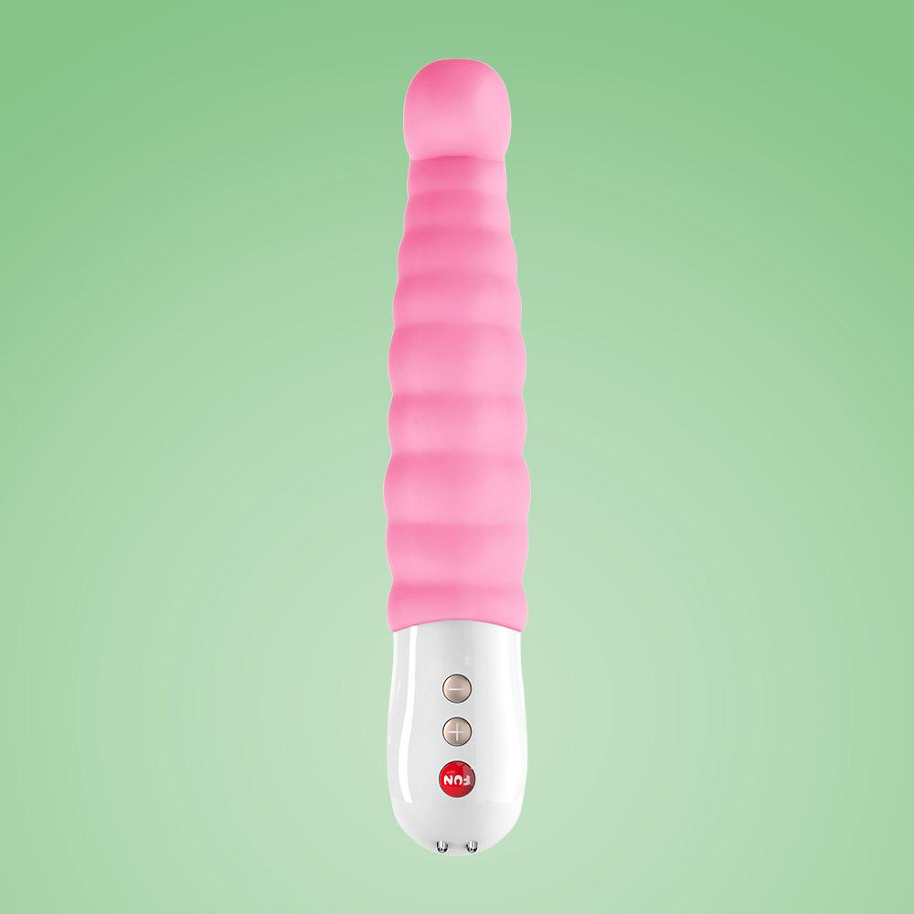 Pink ribbed vibrator with a flexible shaft and control buttons.