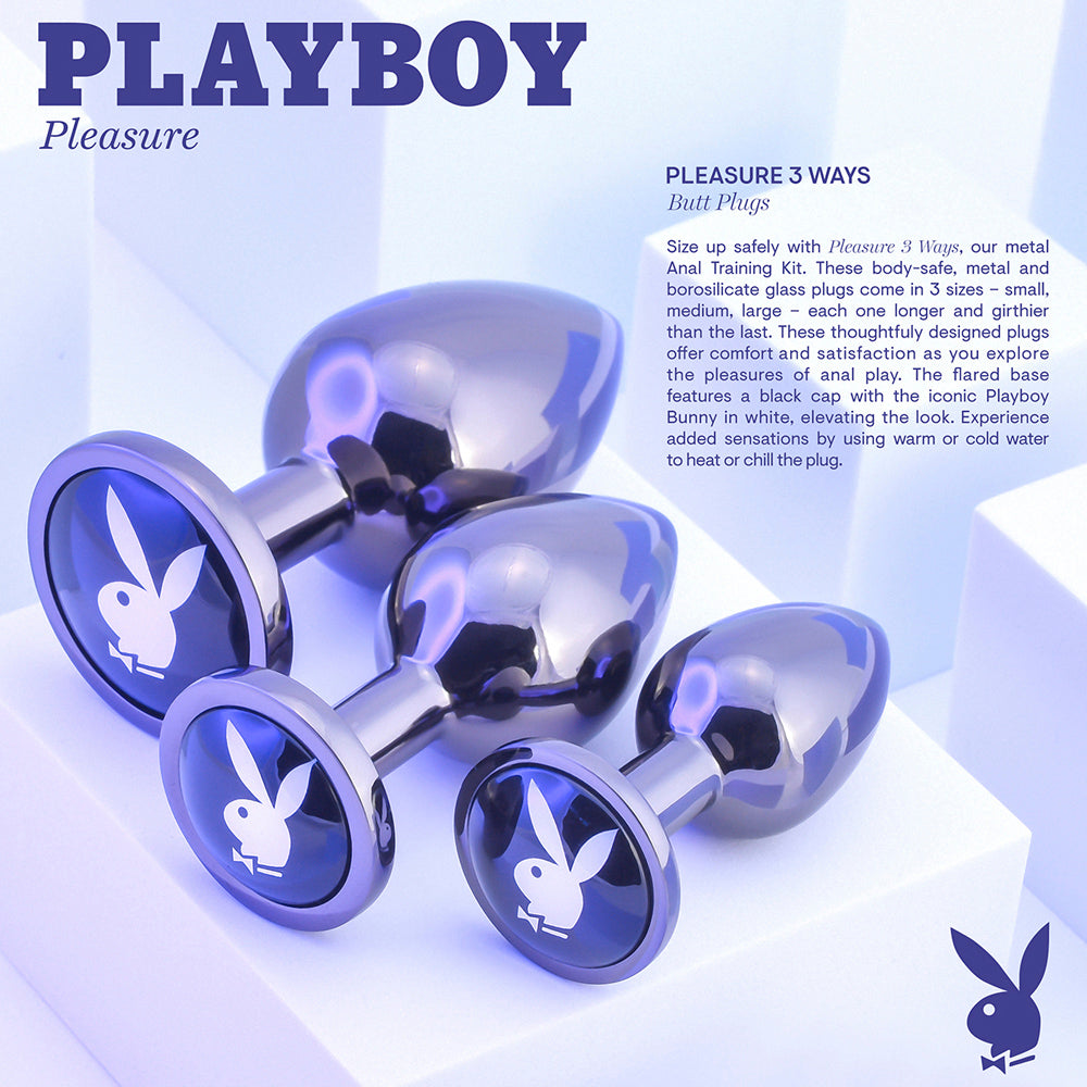 Three metallic butt plugs with Playboy bunny glass gems.