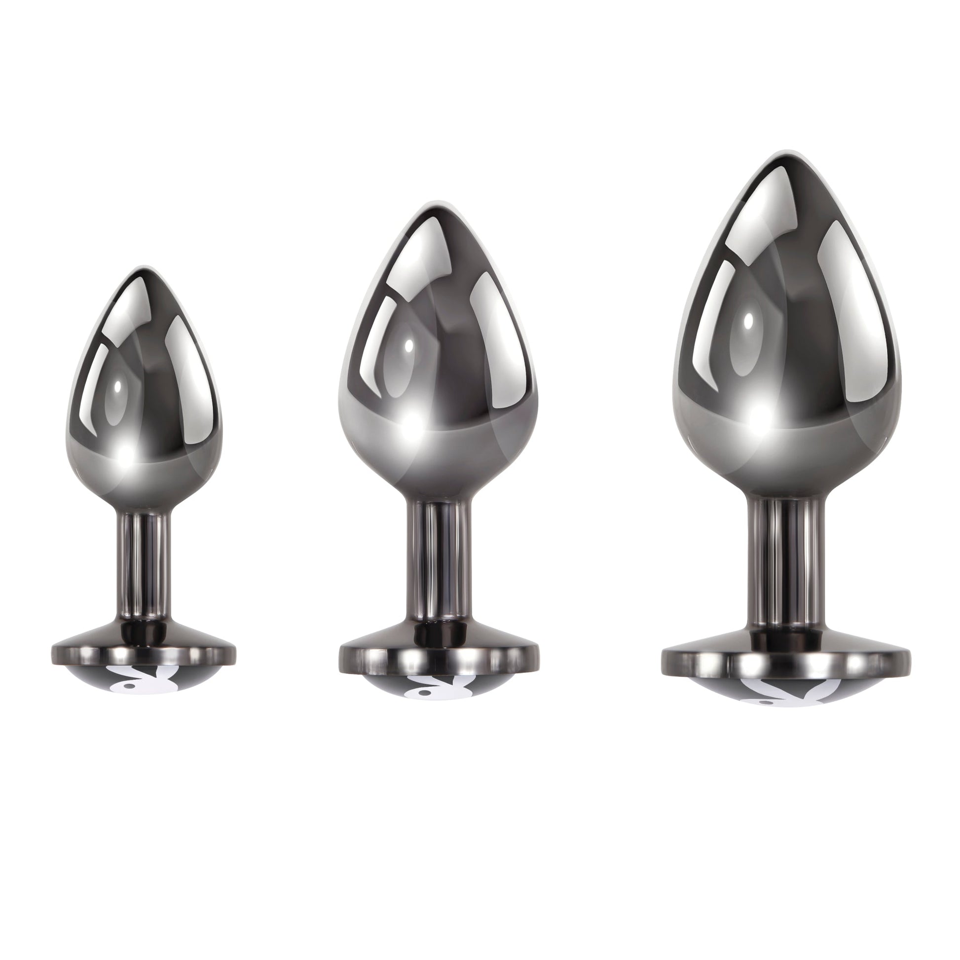 Three sizes of shiny aluminum butt plugs with Playboy bunny bases.