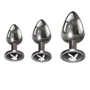 Three sizes of aluminum butt plugs with Playboy bunny glass gems.