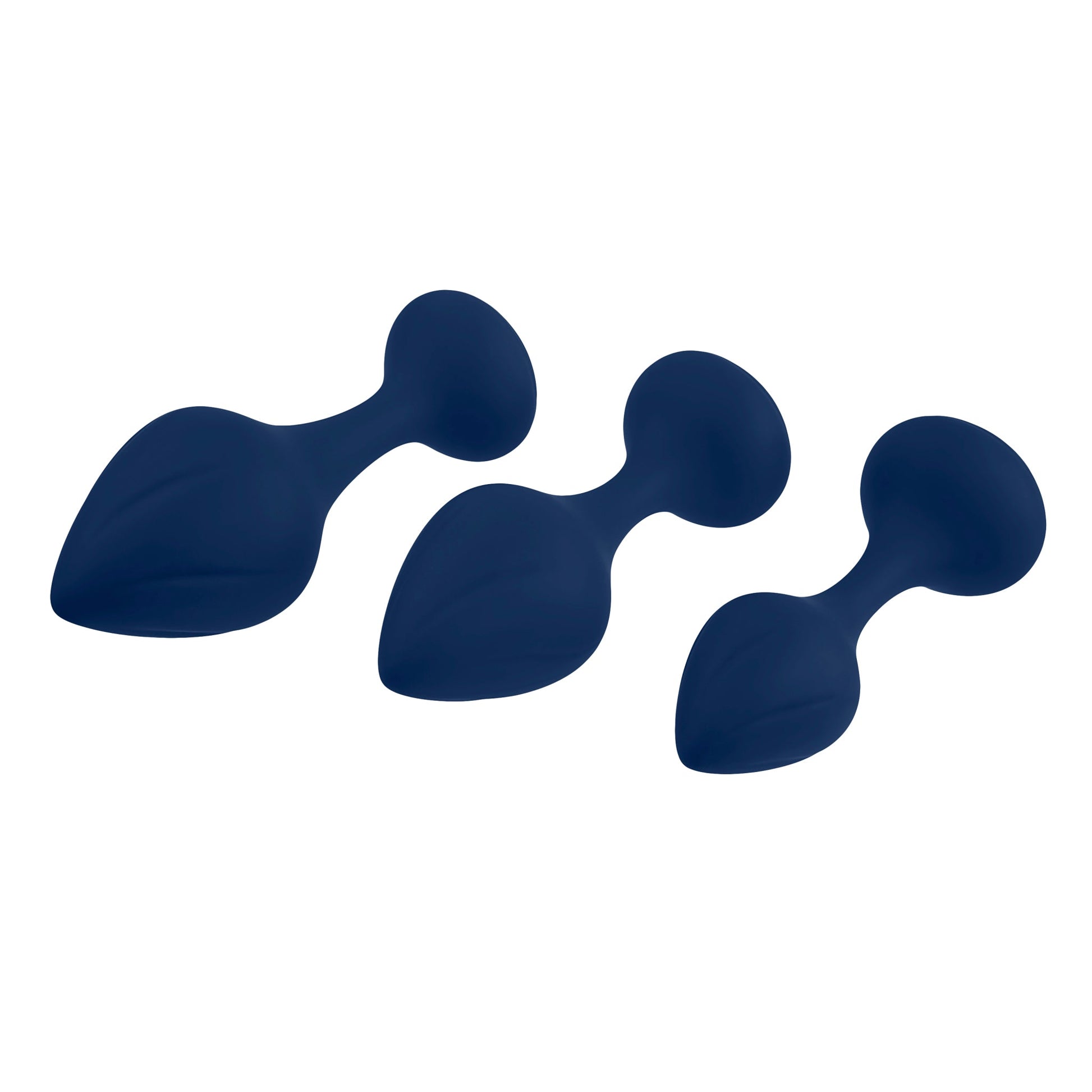 Three dark blue silicone butt plugs of graduated sizes.