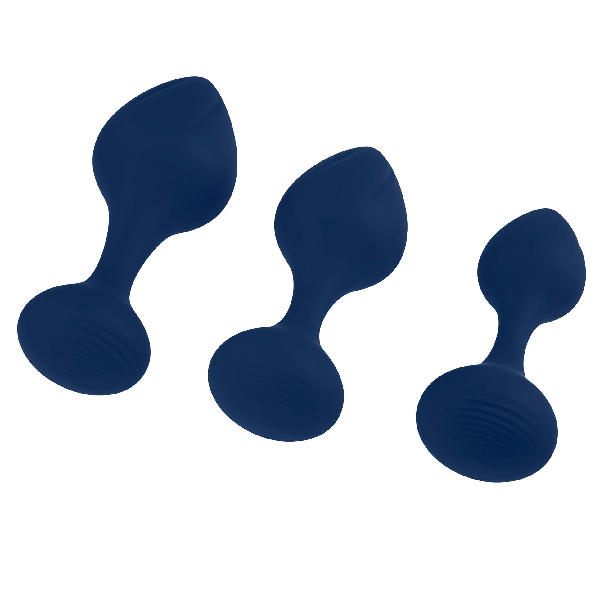 Three graduated navy blue silicone butt plugs with ribbed bases.