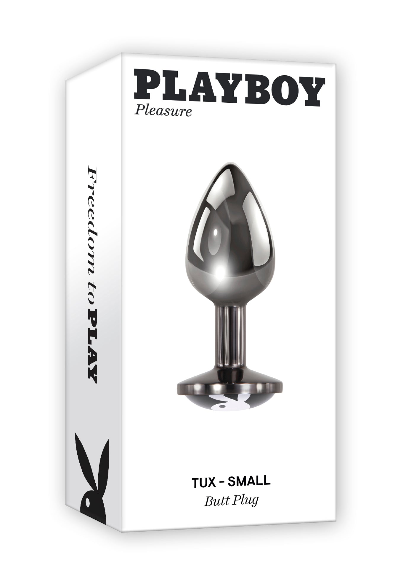 Small aluminum anal plug with flared base and Playboy bunny logo.