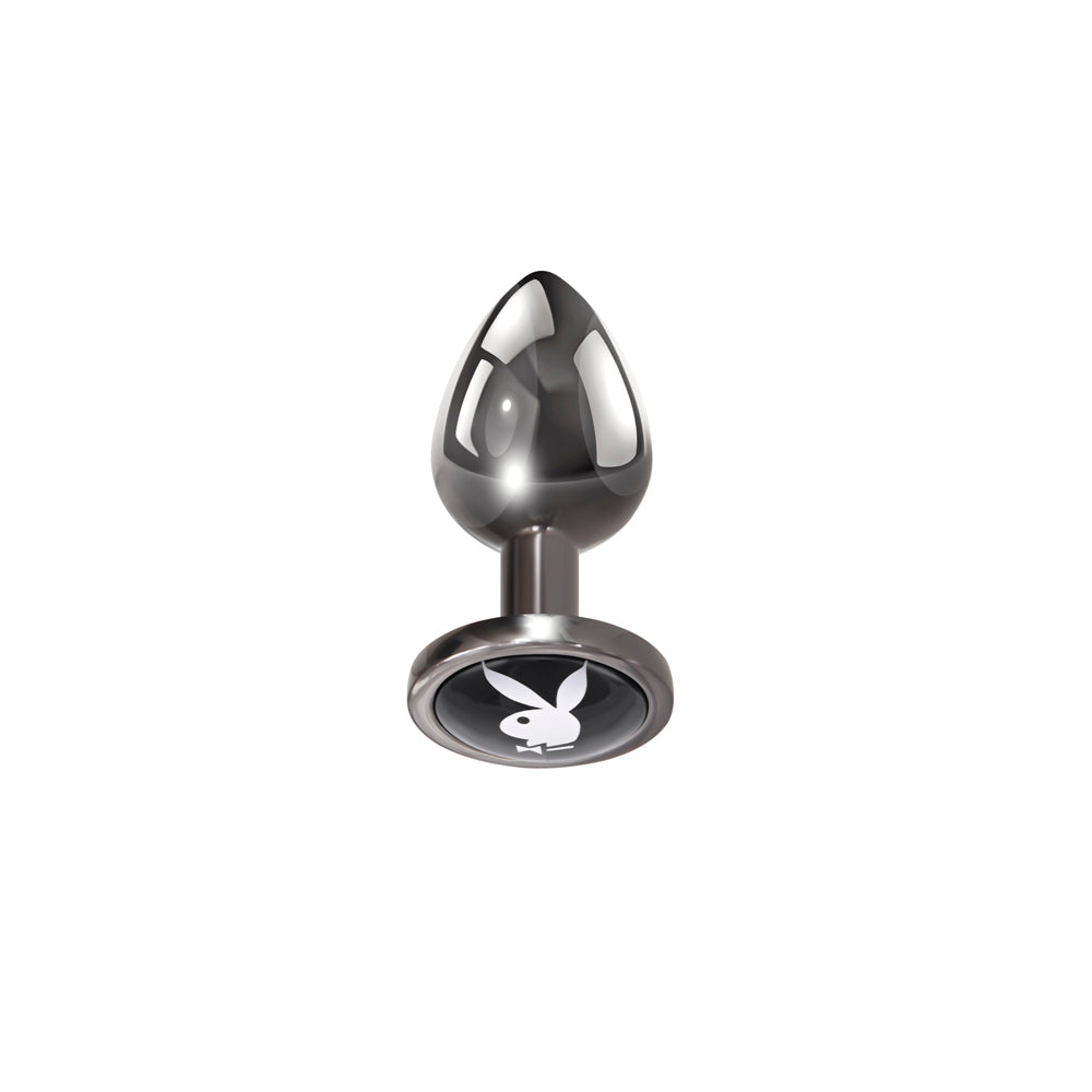 Small aluminum anal plug with flared base featuring the Playboy Tux logo.