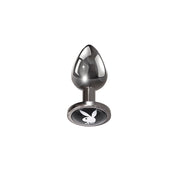 Small aluminum anal plug with flared base featuring the Playboy Tux logo.