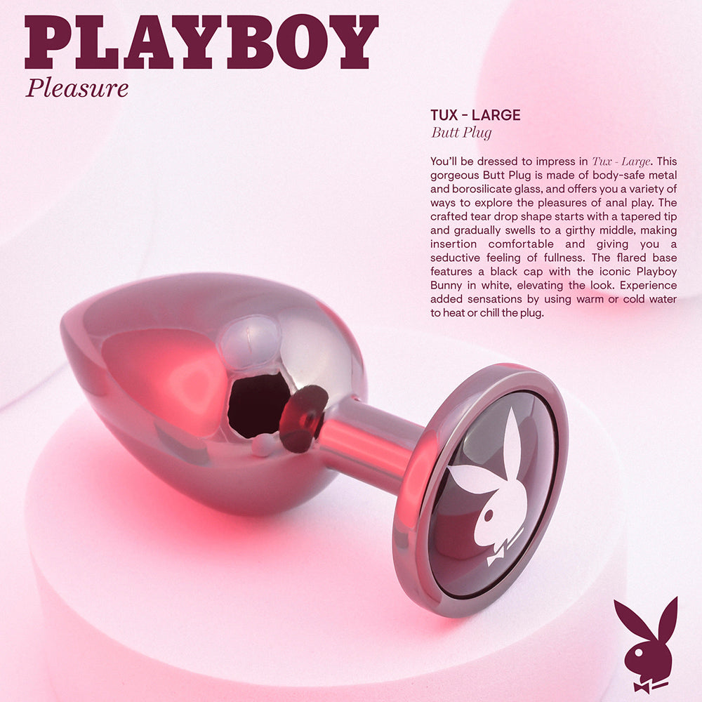 Aluminum teardrop anal plug with flared base featuring a Playboy bunny logo.