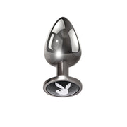 Aluminum teardrop anal plug with a flared base featuring the Playboy bunny logo.