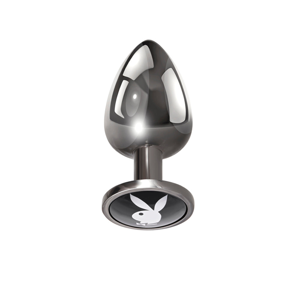 Aluminum teardrop anal plug with a flared base featuring the Playboy bunny logo.