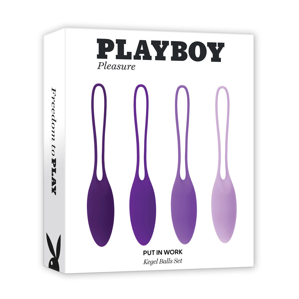 Playboy Pleasure silicone kegel balls set in four shades of purple.