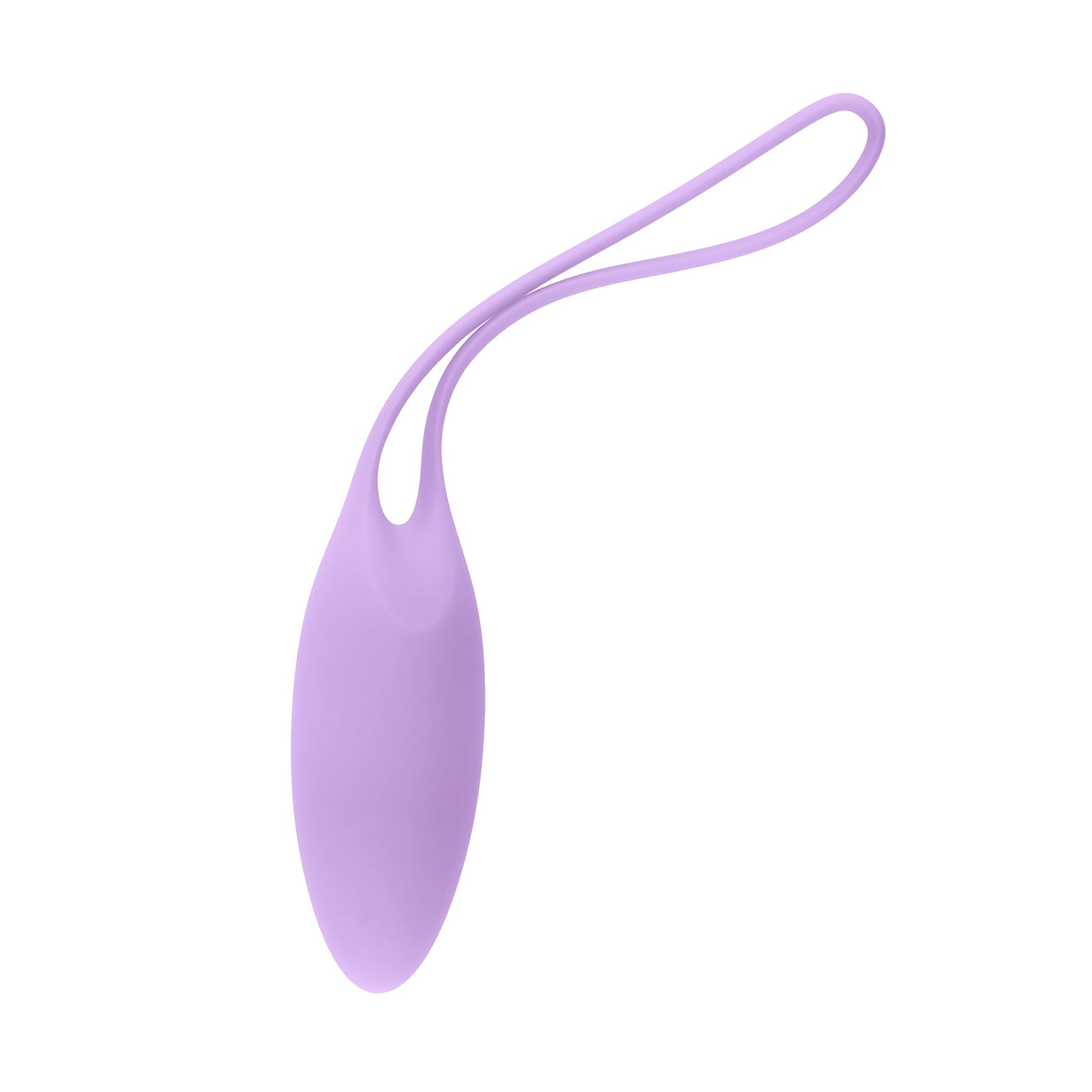 A purple silicone kegel weight with a retrieval loop.