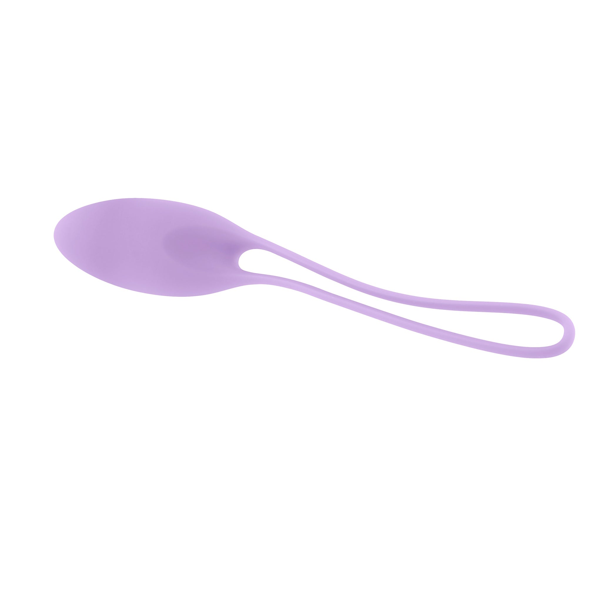 A purple silicone kegel trainer with a looped handle.
