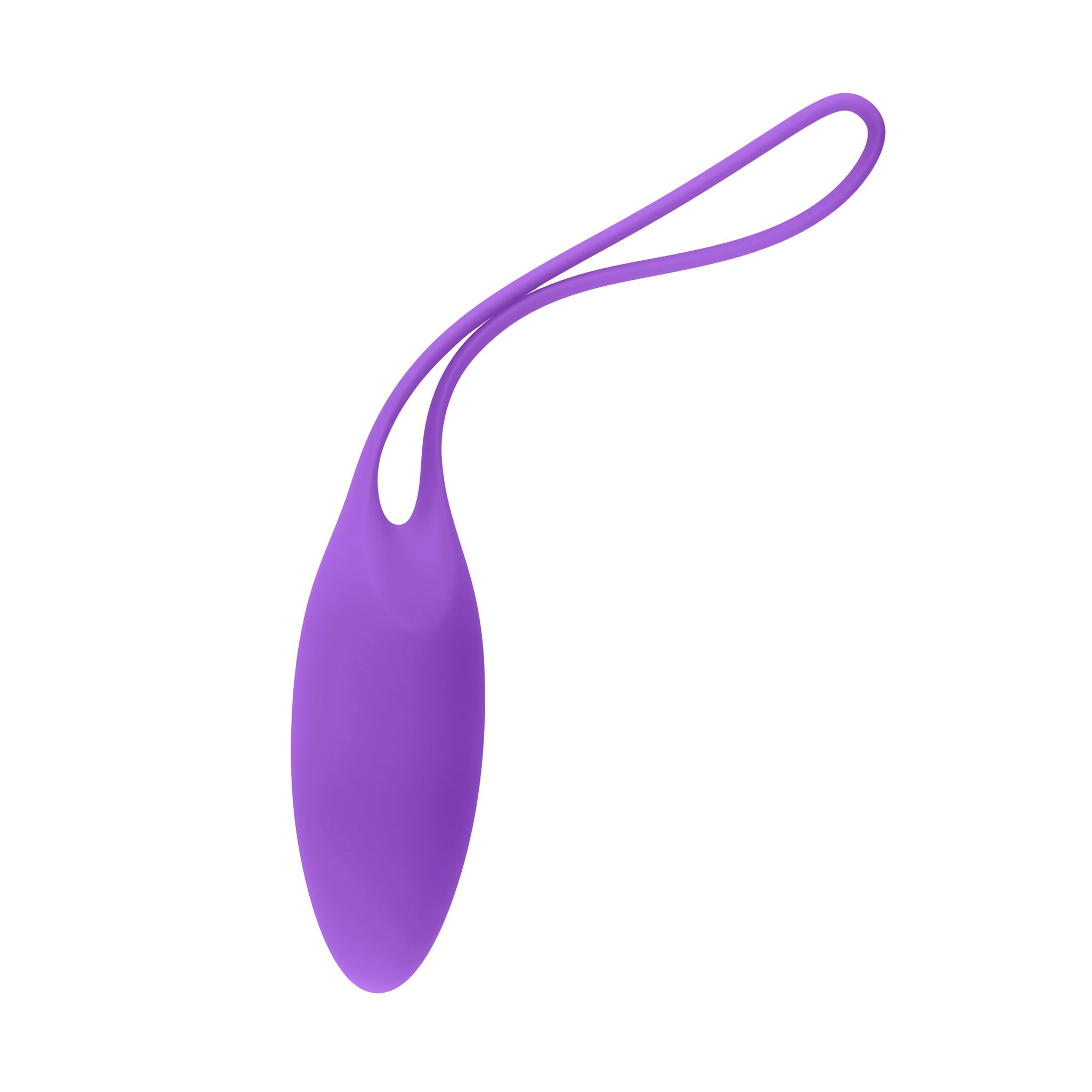 A purple silicone kegel ball with a retrieval loop.