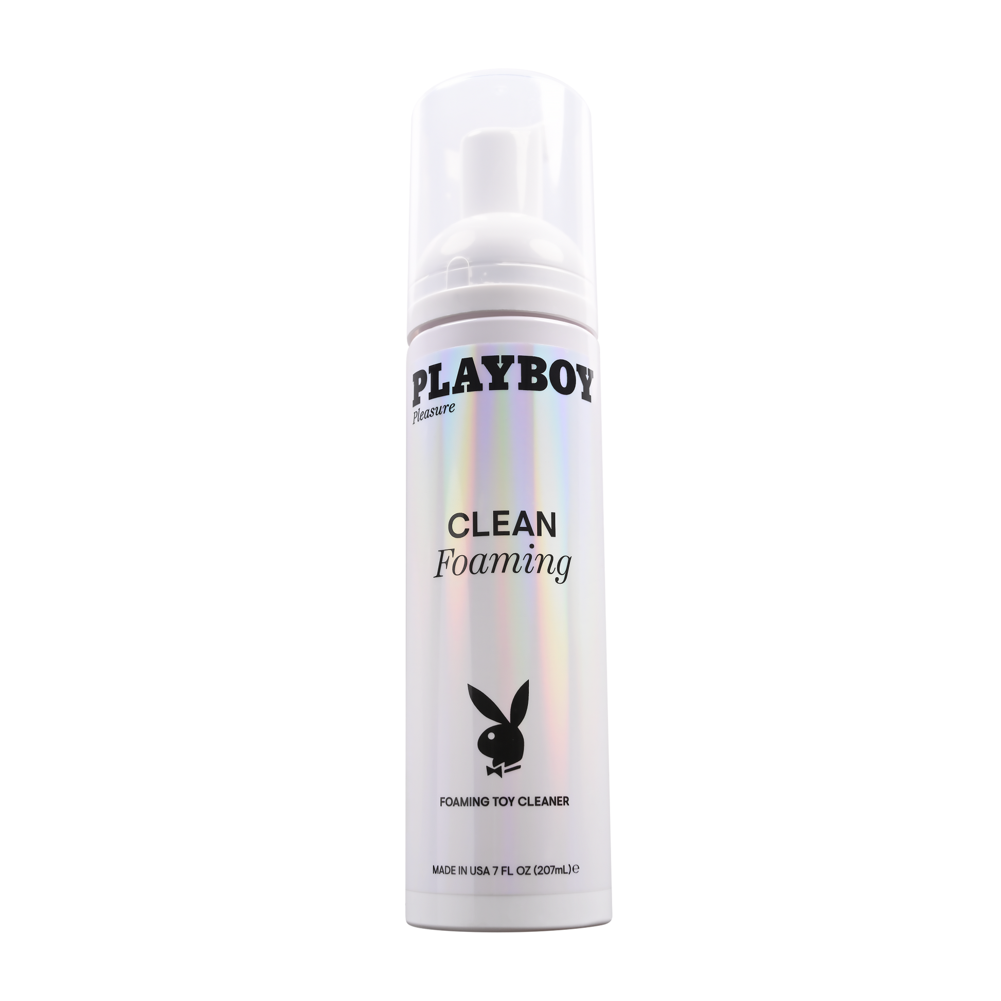 Playboy Clean Foaming Toy Cleanser in a white bottle with holographic accents.