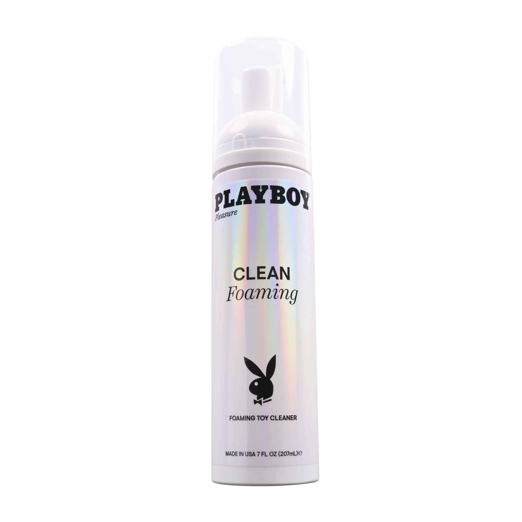 Playboy Clean Foaming Toy Cleanser in a white bottle with holographic accents.