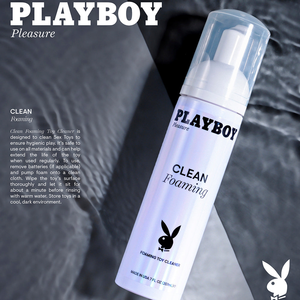 Playboy Clean Foaming Toy Cleanser in a white bottle with a clear cap.