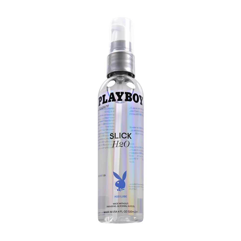 Playboy Slick H2O water-based personal lubricant in a clear bottle with a pump.