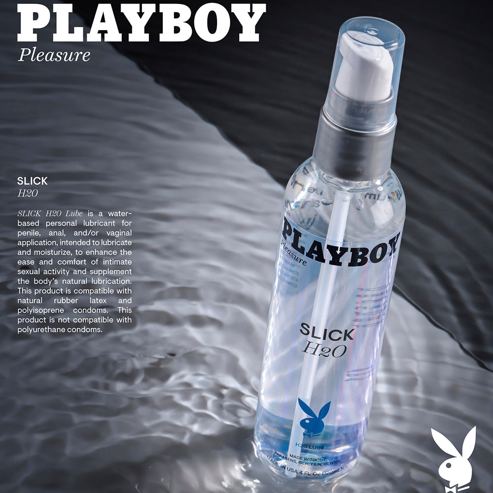 Playboy Slick H2O water-based lubricant in a clear pump bottle.