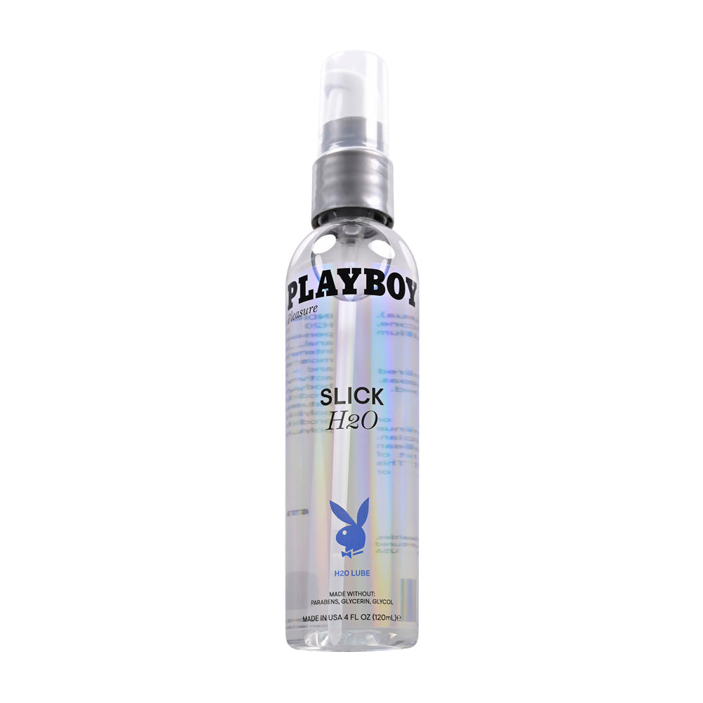 Playboy Slick H2O water-based personal lubricant in a clear pump bottle.