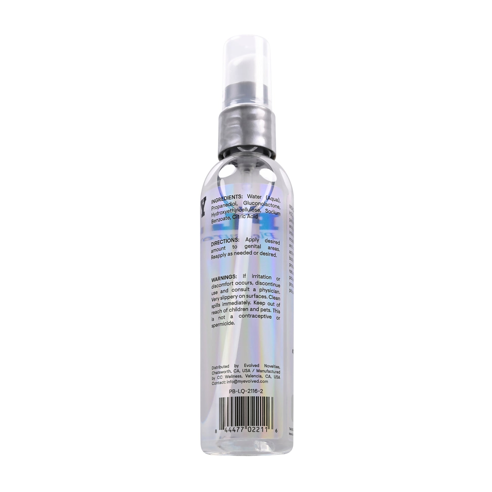 Clear water-based lubricant in a spray bottle with ingredient and warning labels.