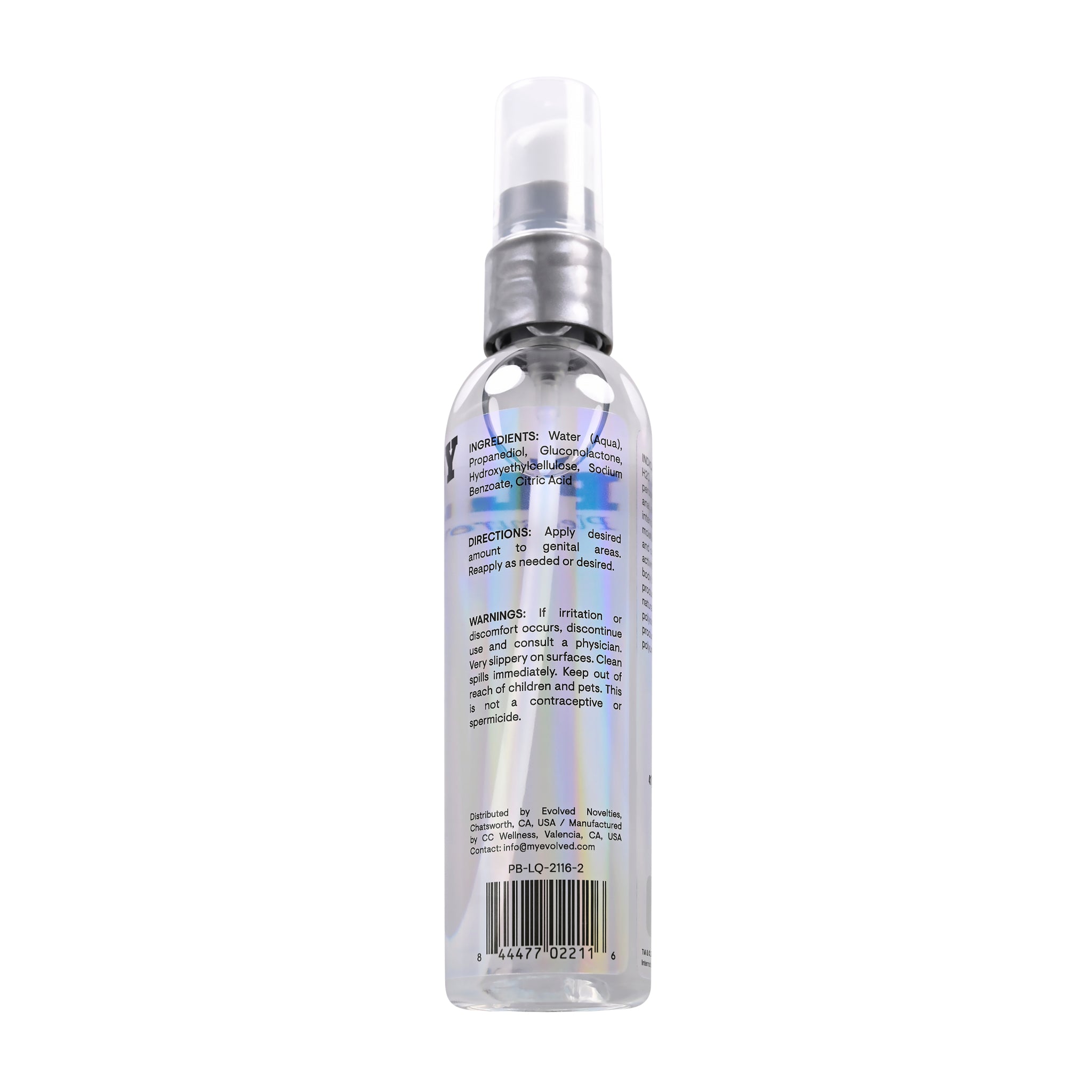 Clear water-based lubricant in a spray bottle with ingredient and warning labels.