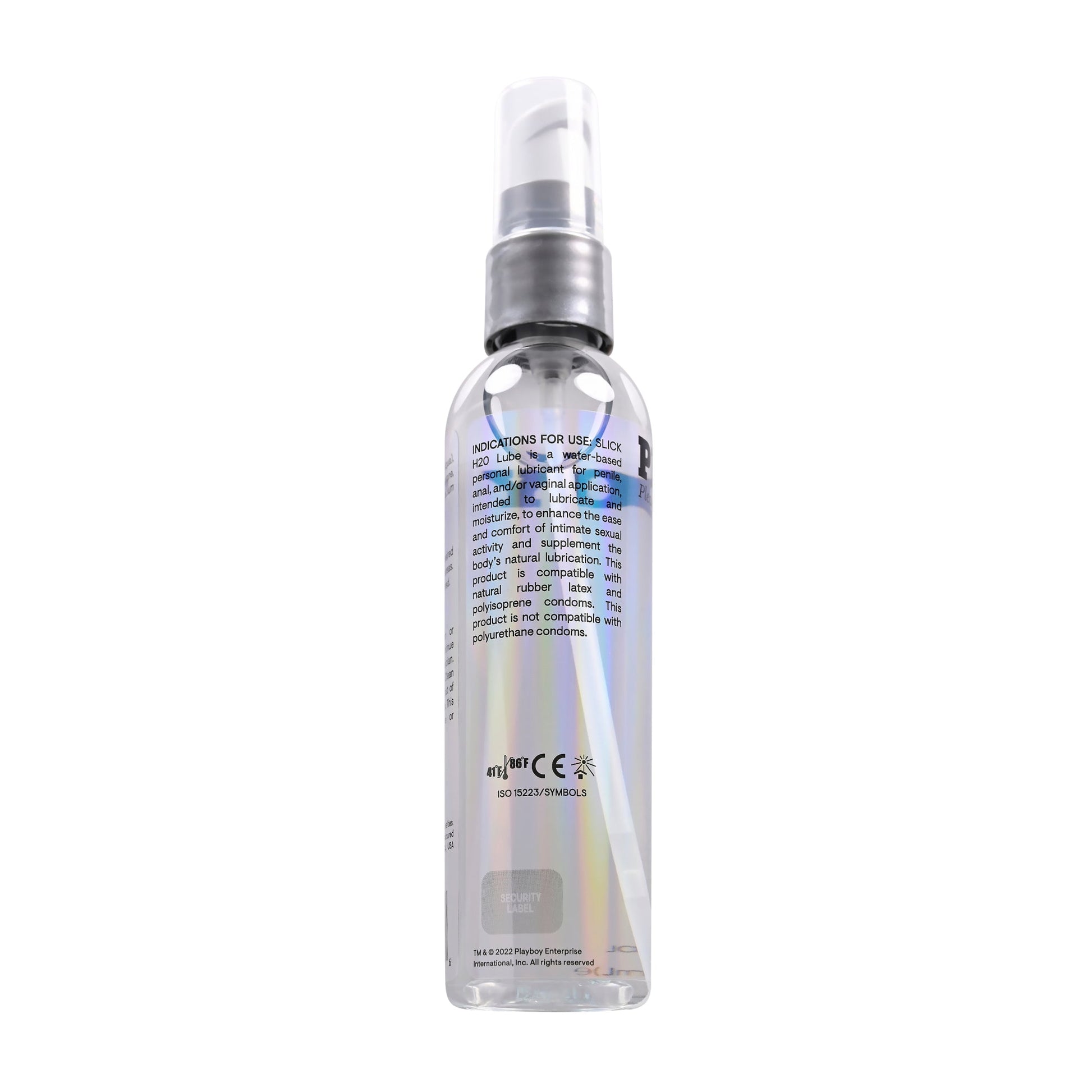 Clear bottle of Playboy Slick H2O water-based personal lubricant with a pump dispenser.
