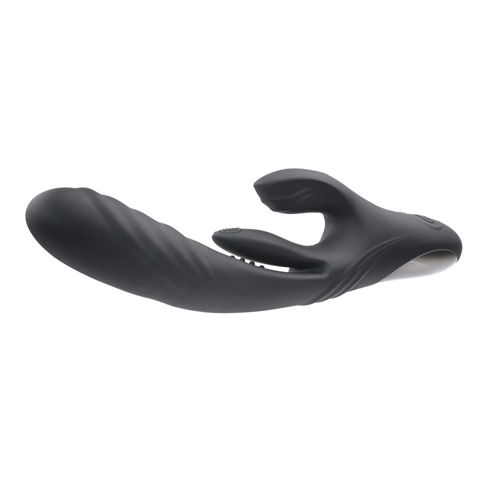 A black silicone vibrator with a curved shaft and a rabbit-ear-like appendage.