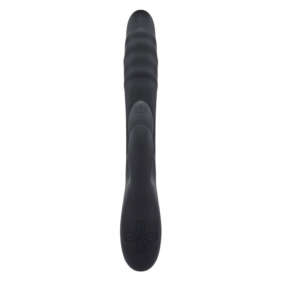 A black silicone vibrator with ribbed texture and control buttons.