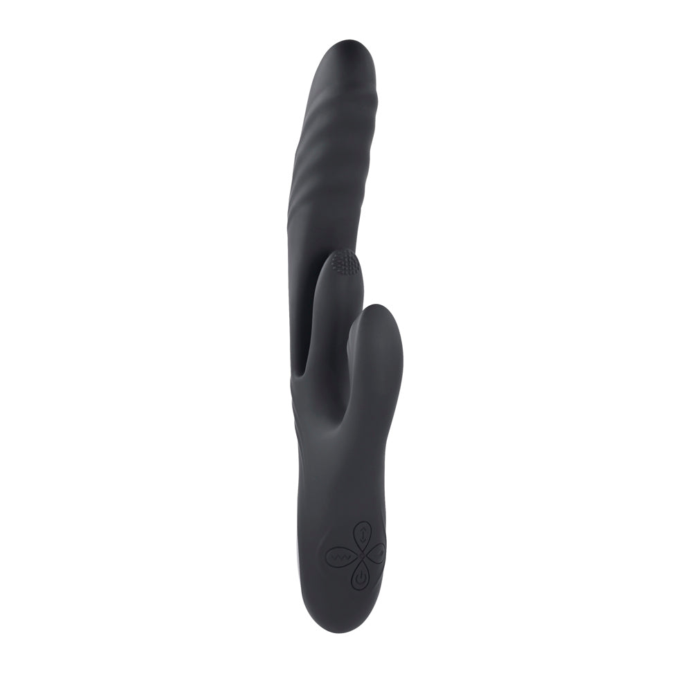 A black silicone vibrator with a ribbed shaft and two smaller ears.