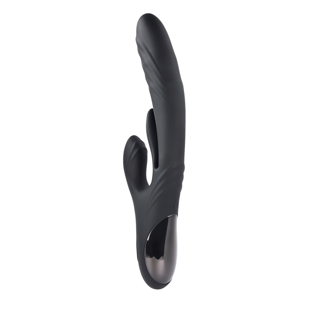 Black silicone vibrator with a curved shaft and a metallic base.