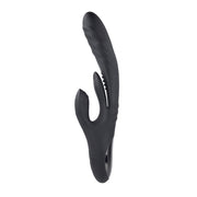Black silicone vibrator with a curved design and textured tip.