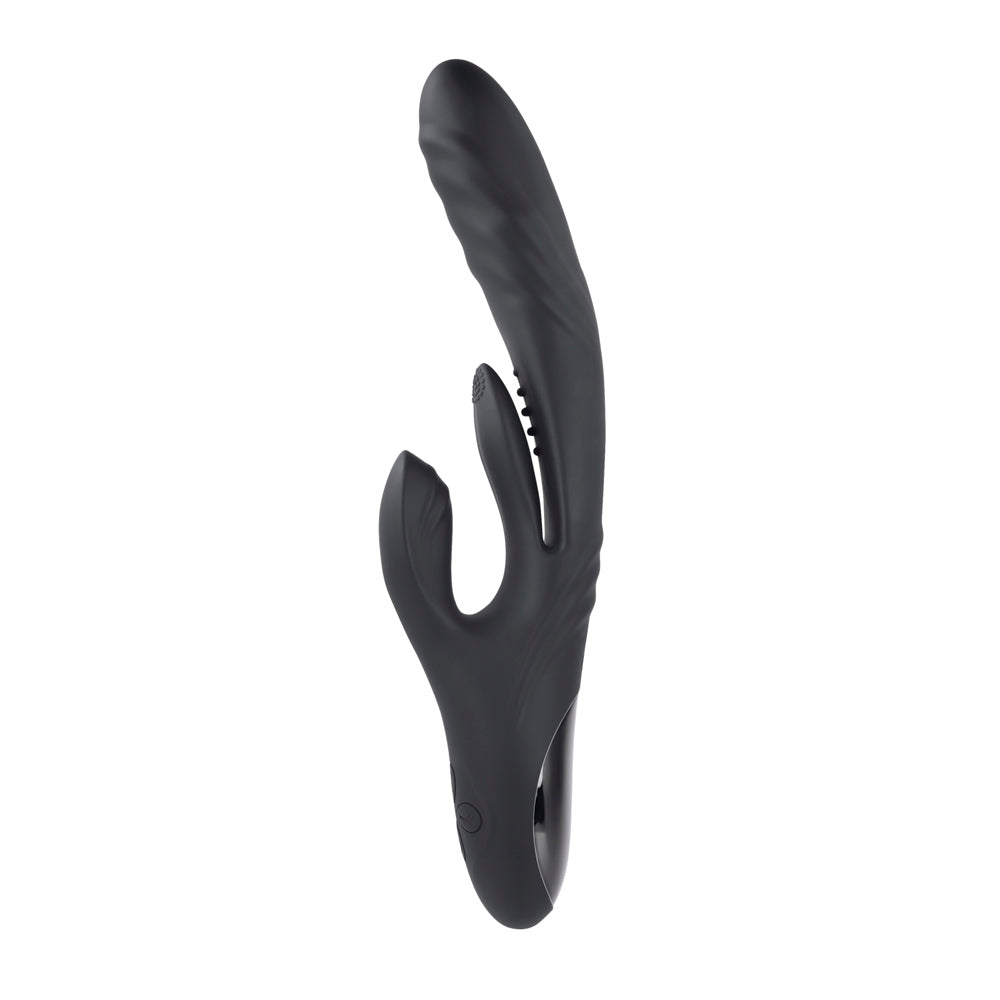 Black silicone vibrator with a curved design and textured tip.