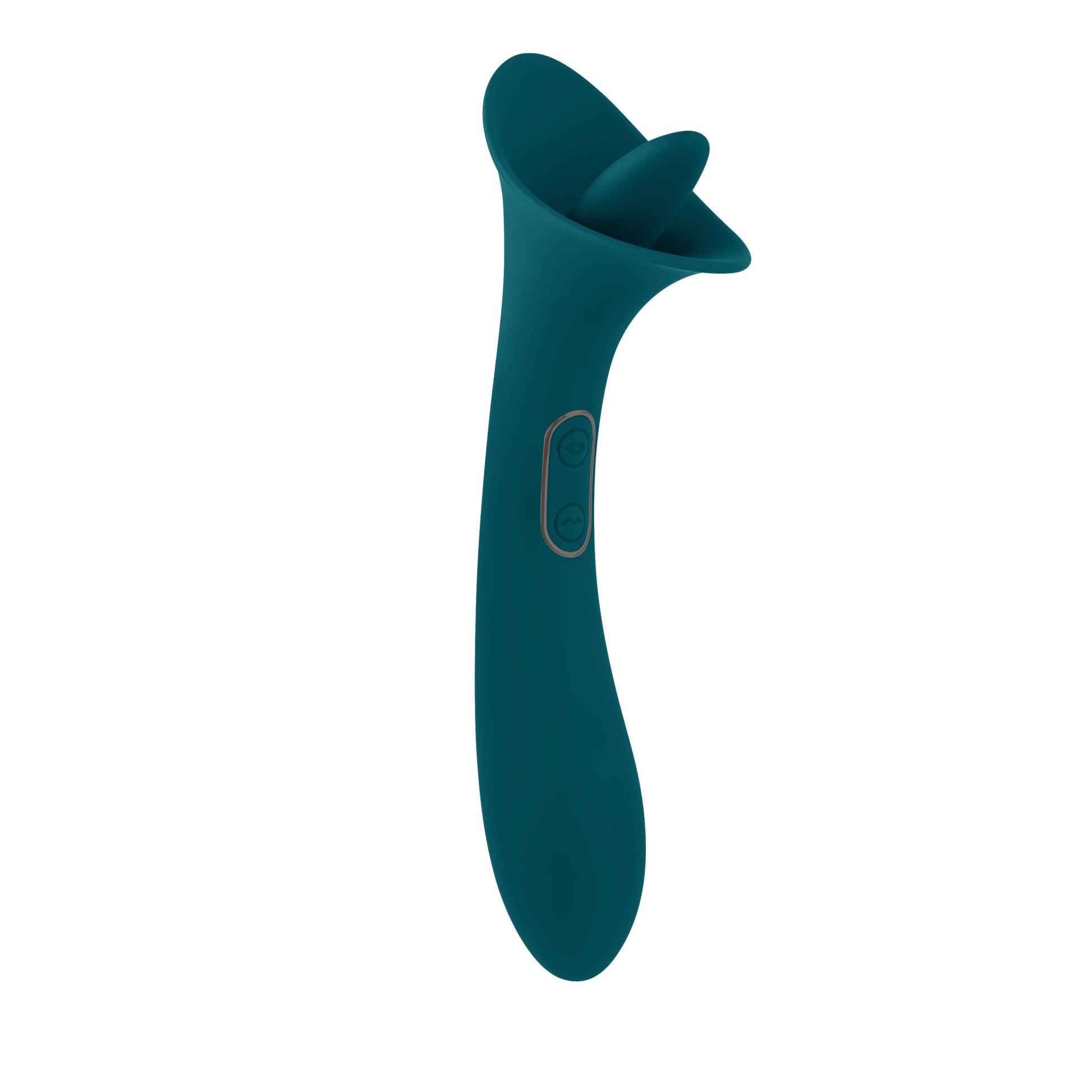Teal silicone dual action licking and vibrating toy with two buttons.