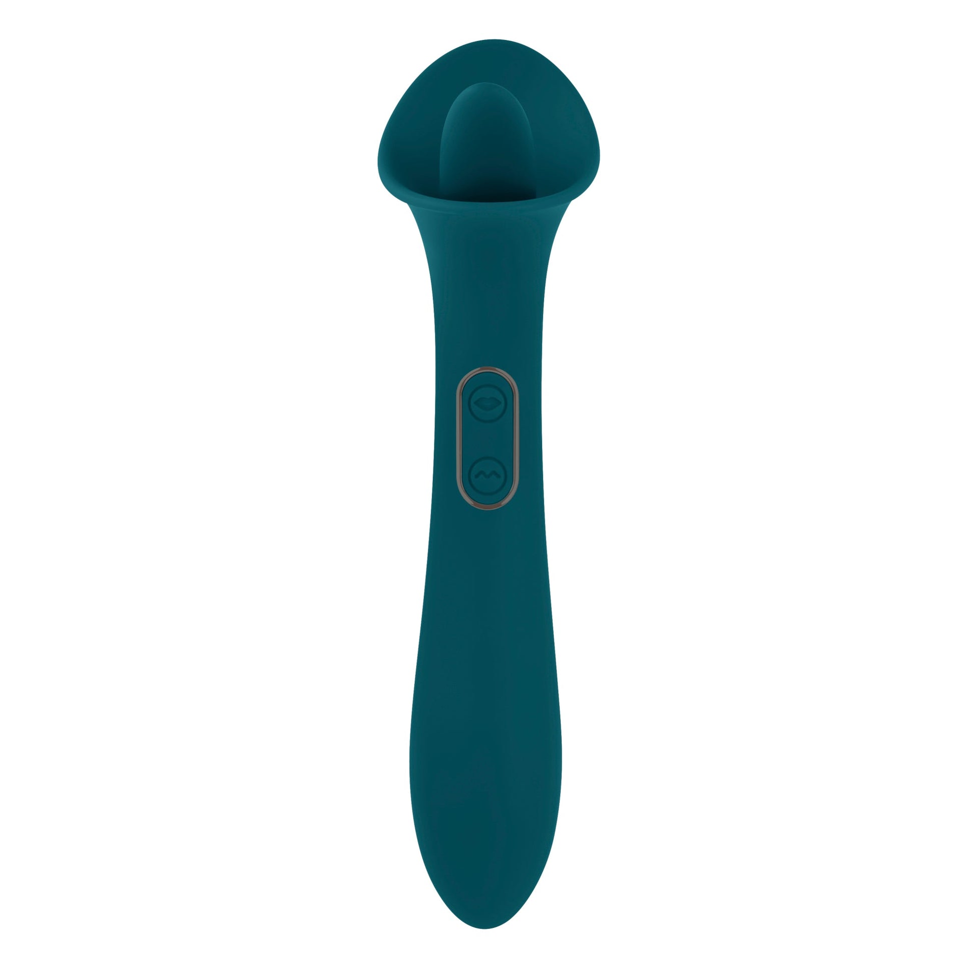 Teal silicone dual action licking vibrator with two buttons.