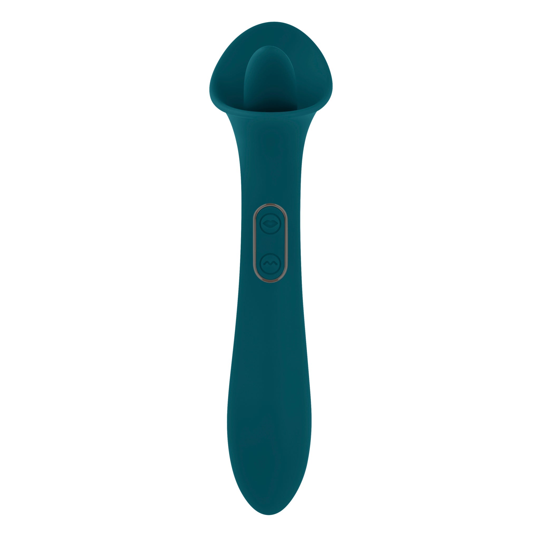 Teal silicone dual action licking vibrator with two buttons.
