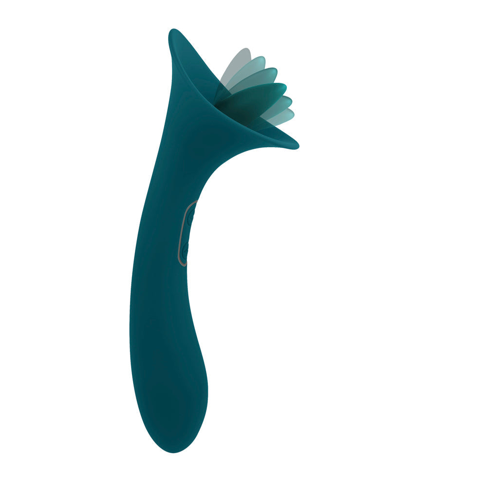 Teal dual action silicone licking vibrator with petal-like texture.