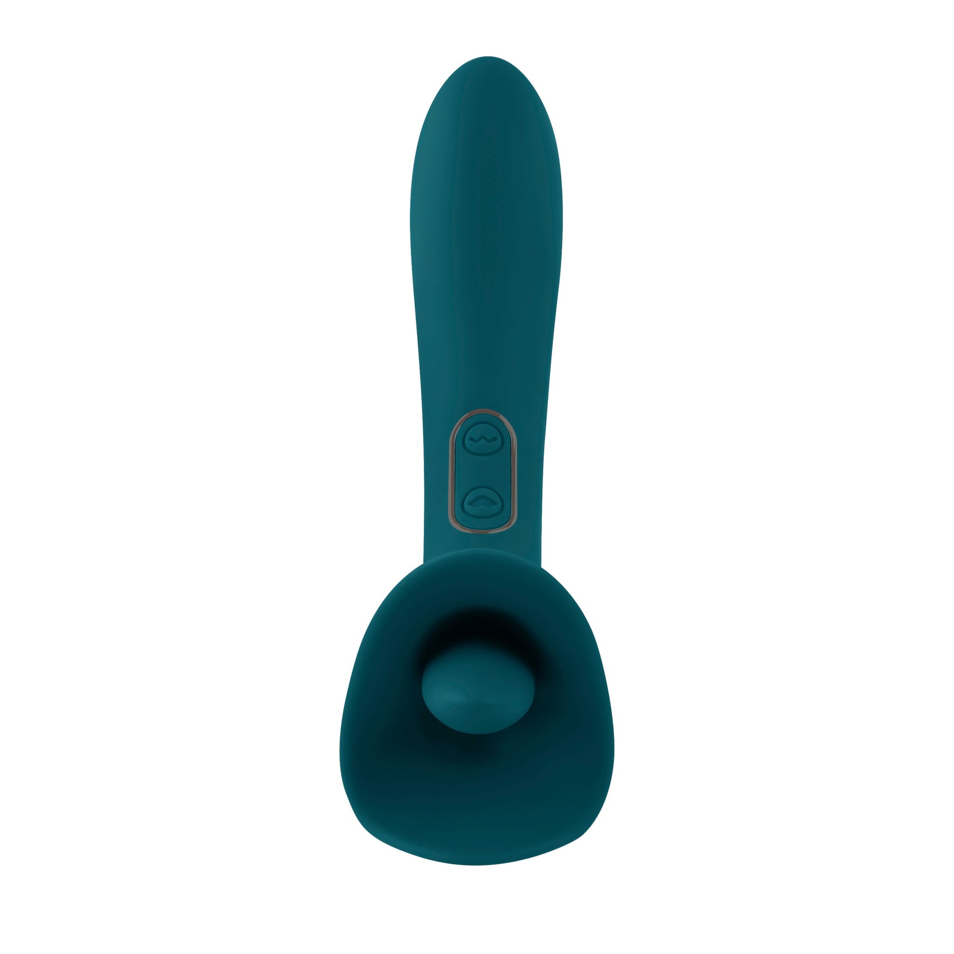 Teal dual action silicone licking vibrator with two buttons.