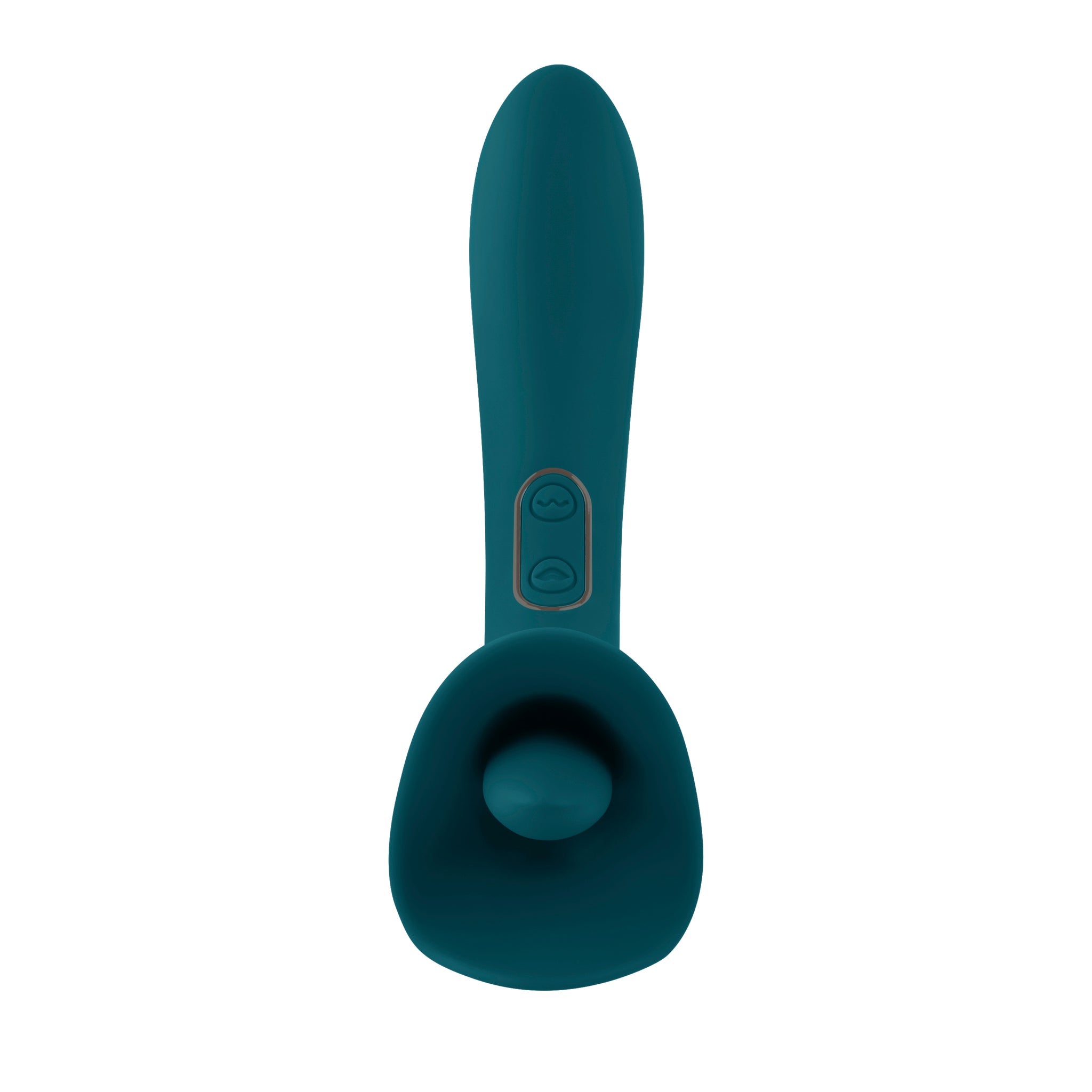 Teal dual action silicone licking vibrator with two buttons.