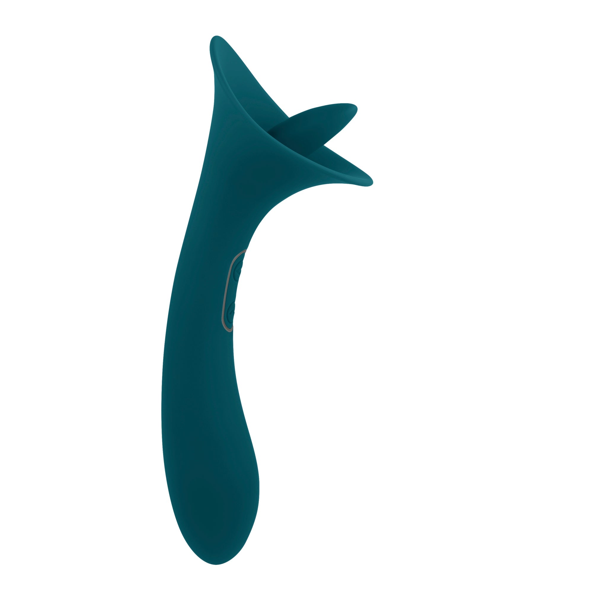 Teal silicone dual action licking vibrator with two textured buttons.