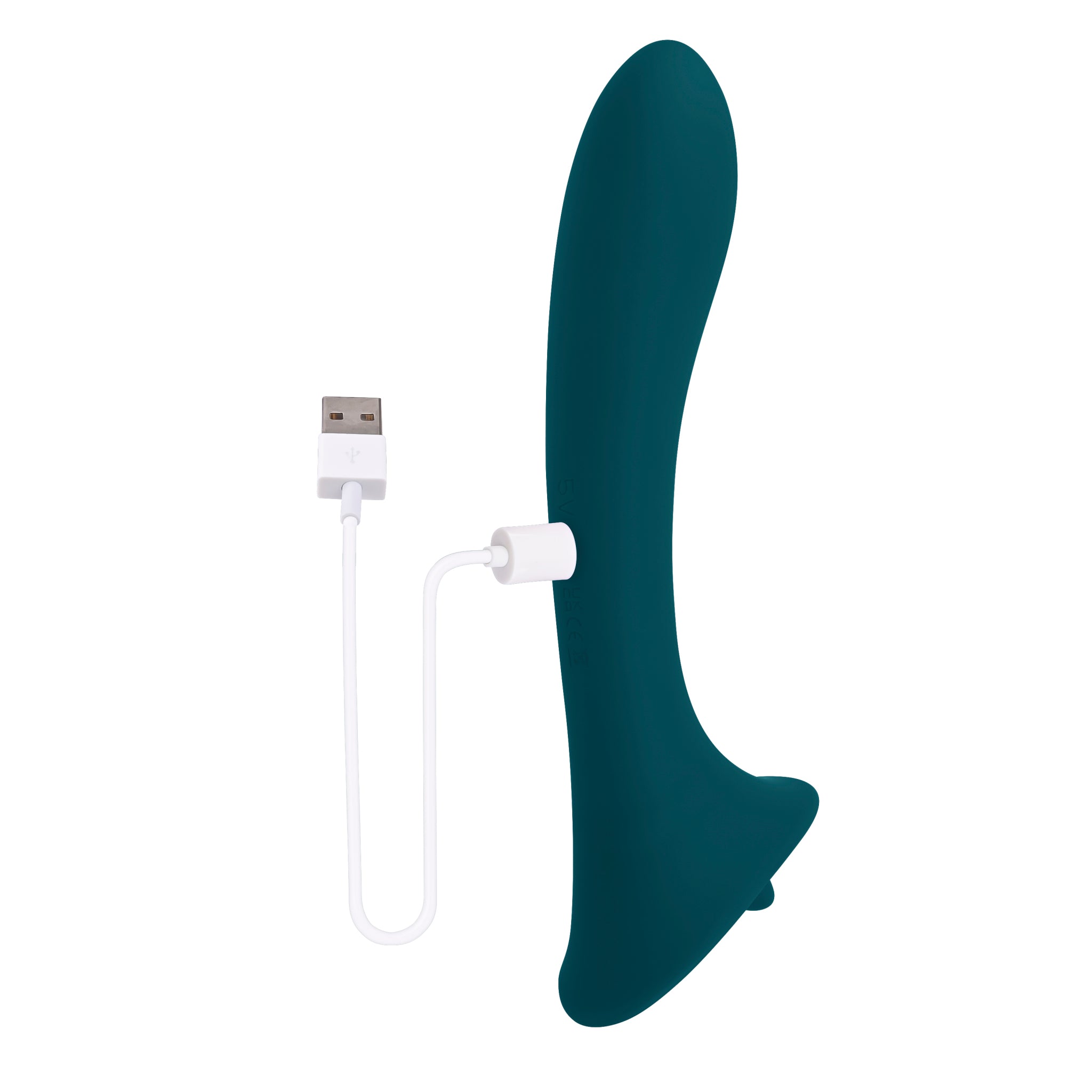 Teal dual action licking vibrator with USB charging cable.