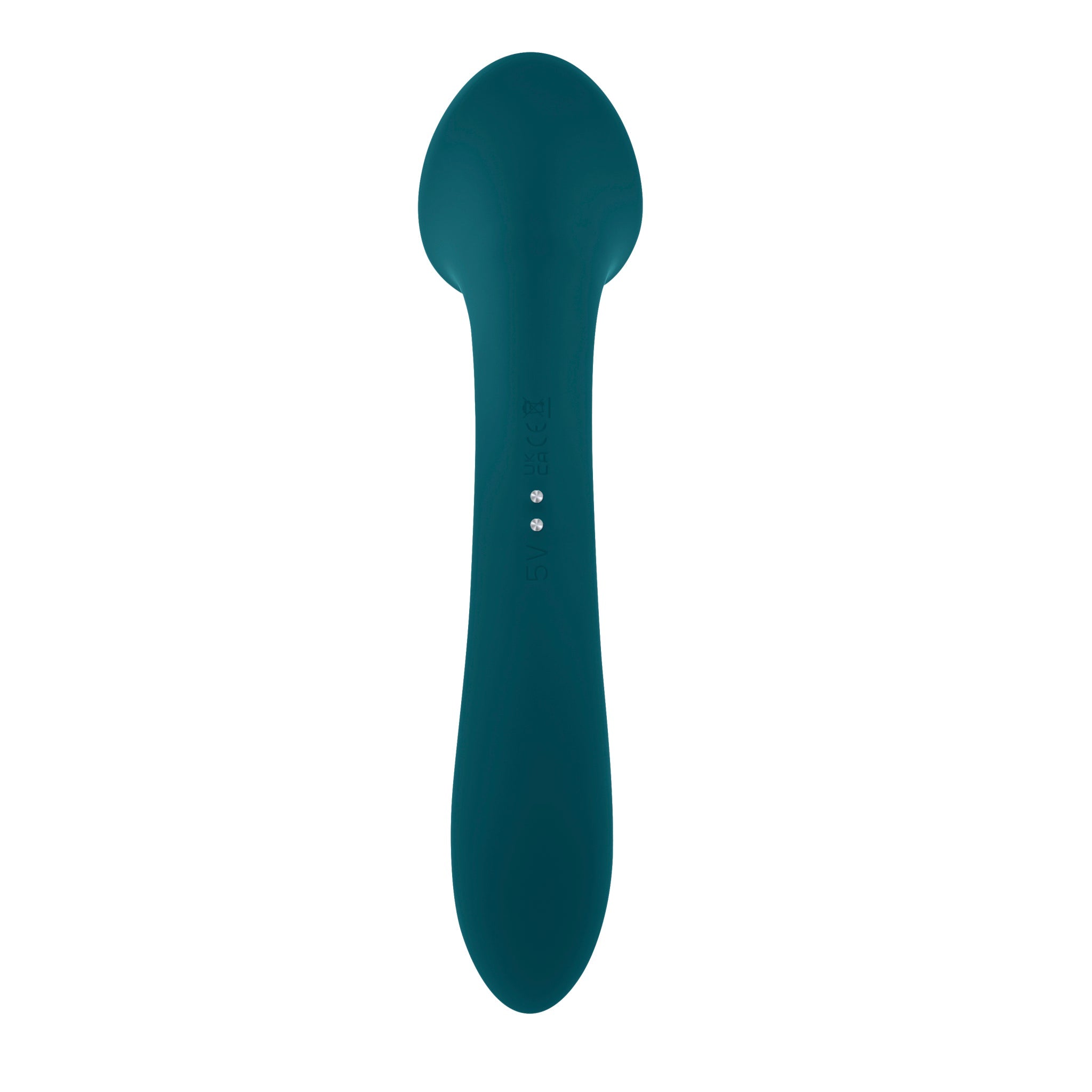 Teal dual action silicone licking vibrator with embossed markings.