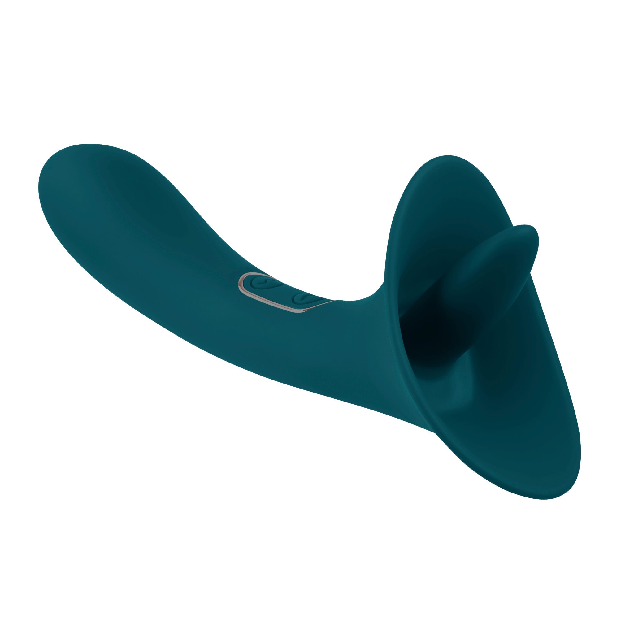 Teal silicone dual action licking vibrator with control buttons.