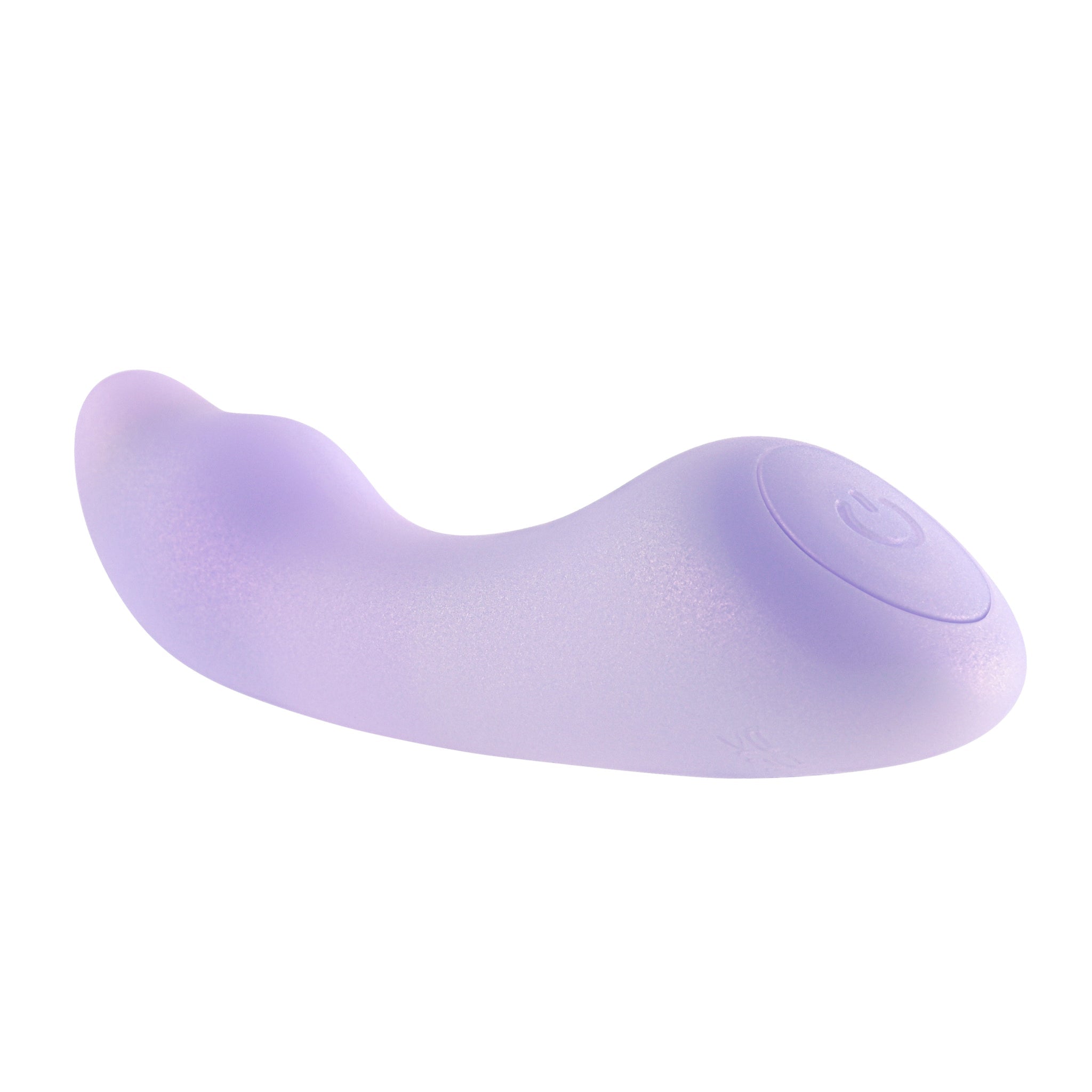 A purple, curved silicone vibrator with a power button.