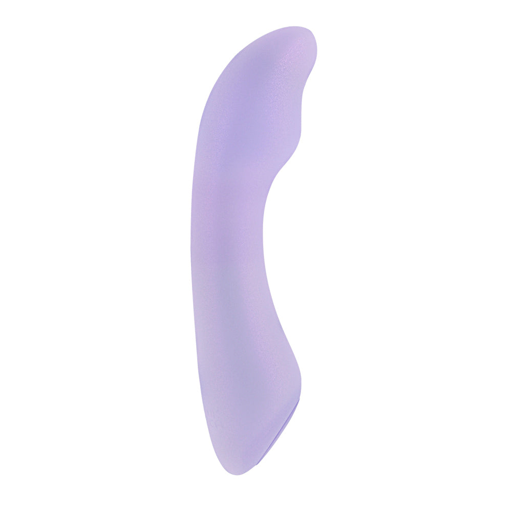 A purple, curved vibrator with a smooth finish.