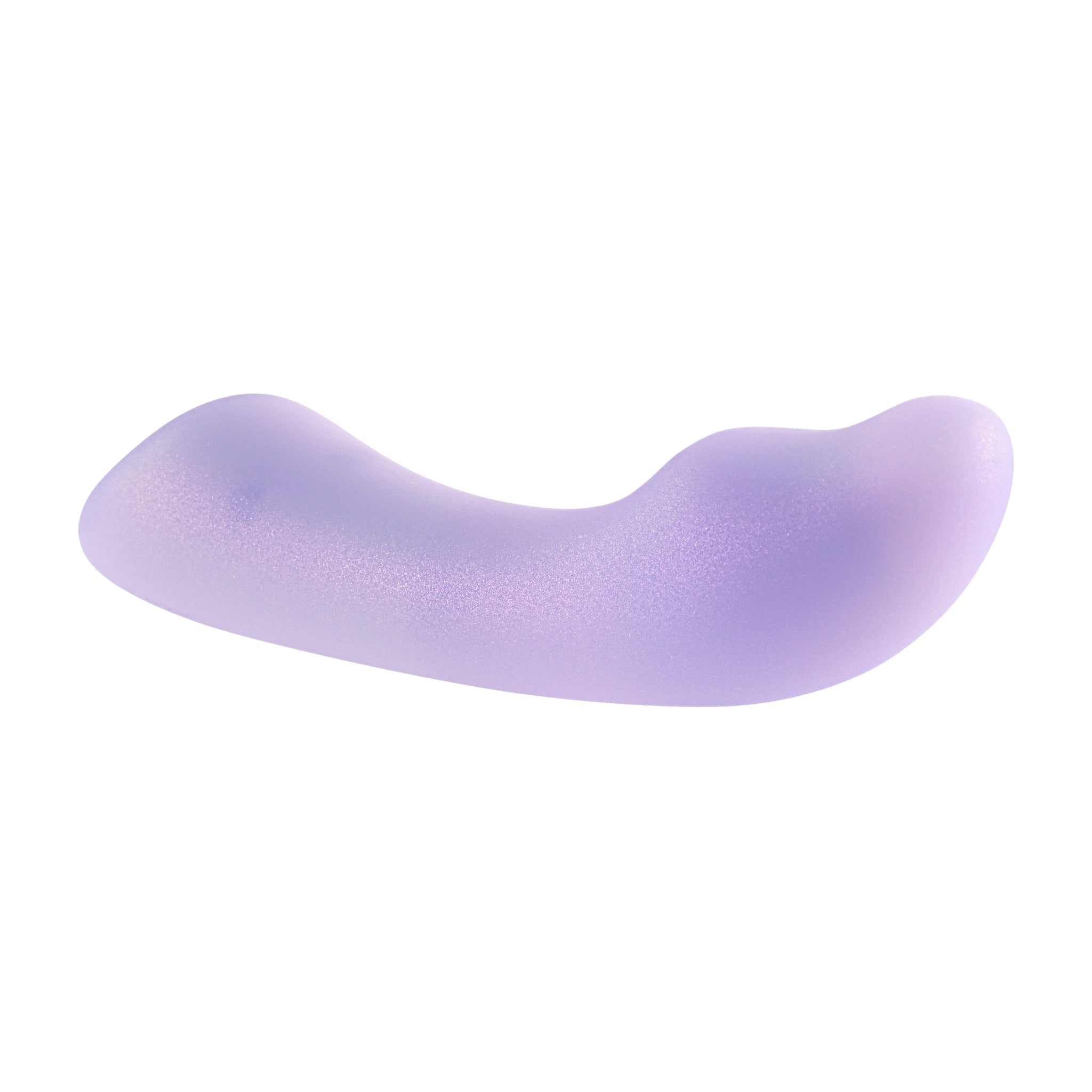 A purple, curved silicone vibrator with a textured surface.